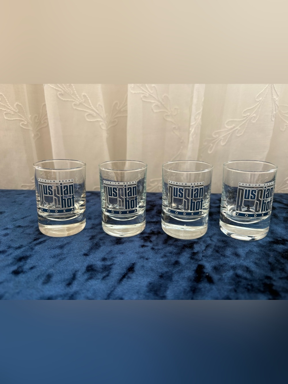 Vodka Branded Clear Glass Shot Glasses - Set of 4 (Blue Logo)